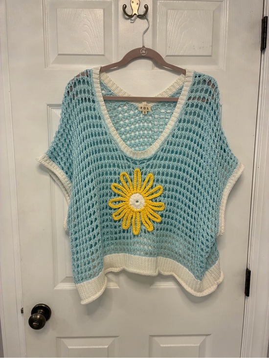 POL Sweaters - POL Light Blue Open-Knit V-Neck Sweater with Yellow Daisy